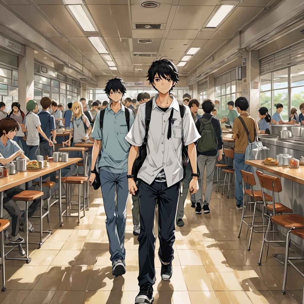 15 year old boy walking through the cafeteria