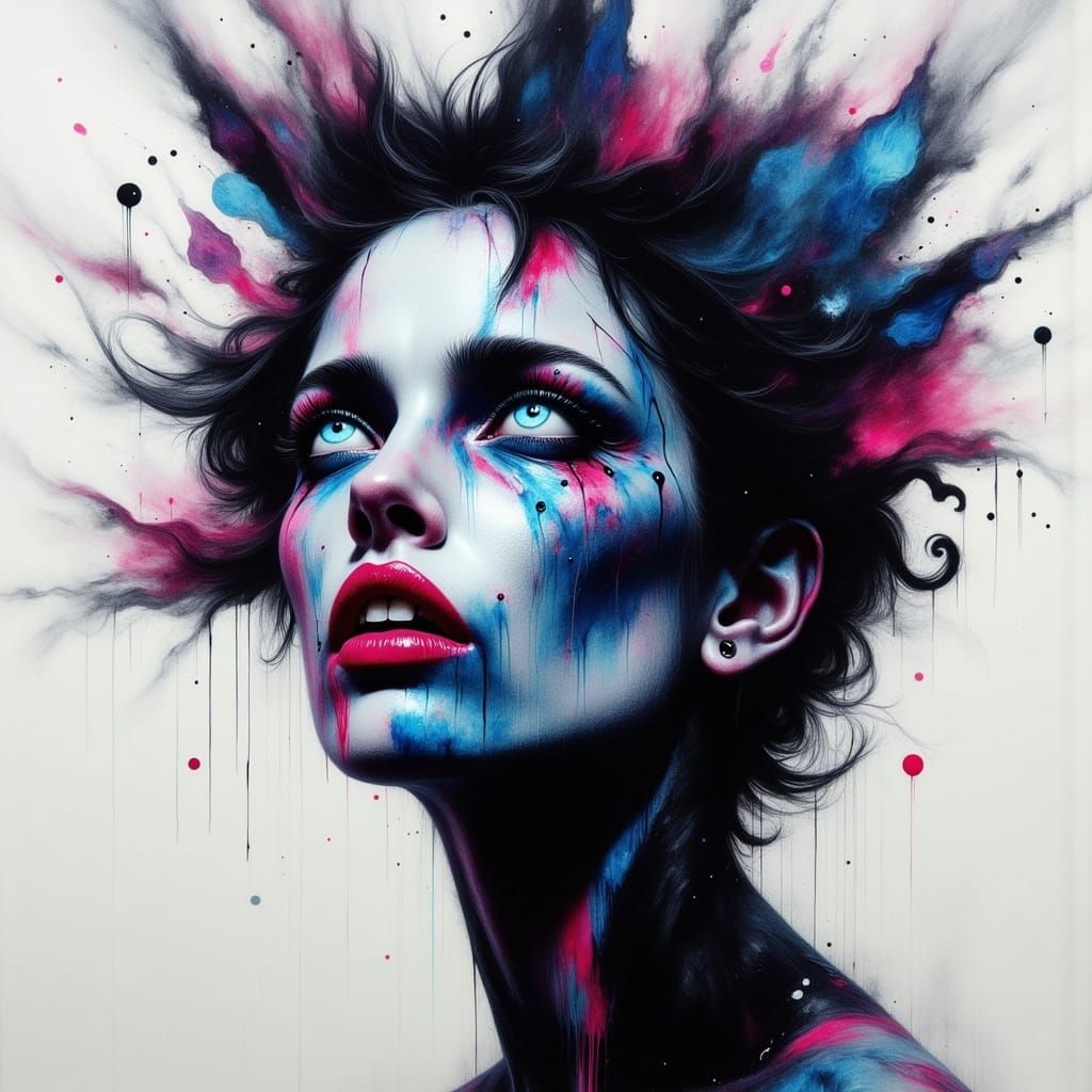 Surreal Watercolour Portrait of a Distraught Woman in a Dark...
