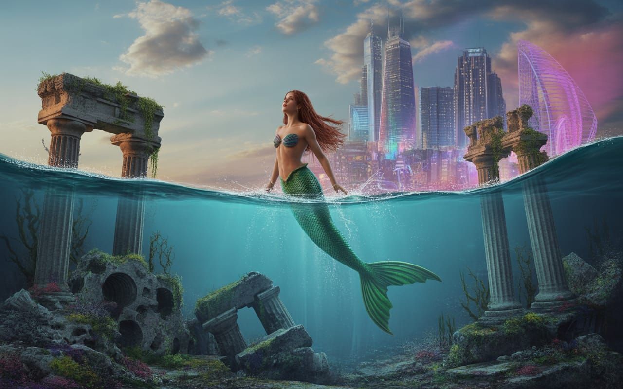 A mermaid caught mid-swim between ancient ruins and a neon skyline
