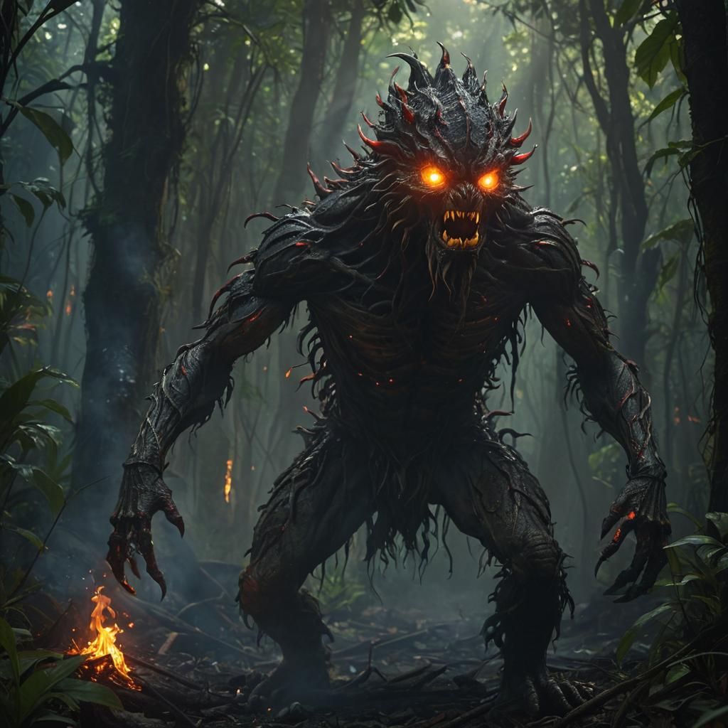 Terrifying Fire Creature in Jungle: Cinematic Film Still