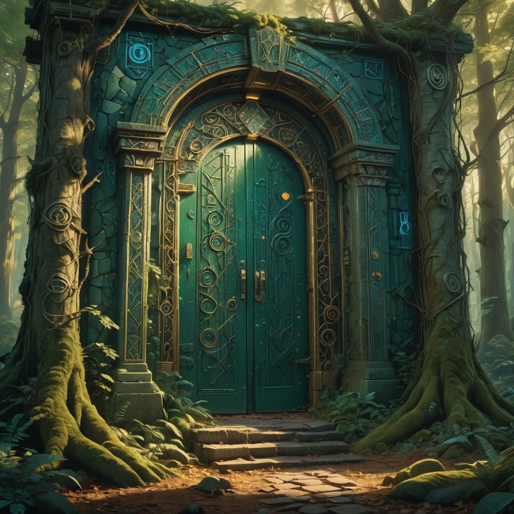 Mystical Ornate Doorway in Ancient Forest