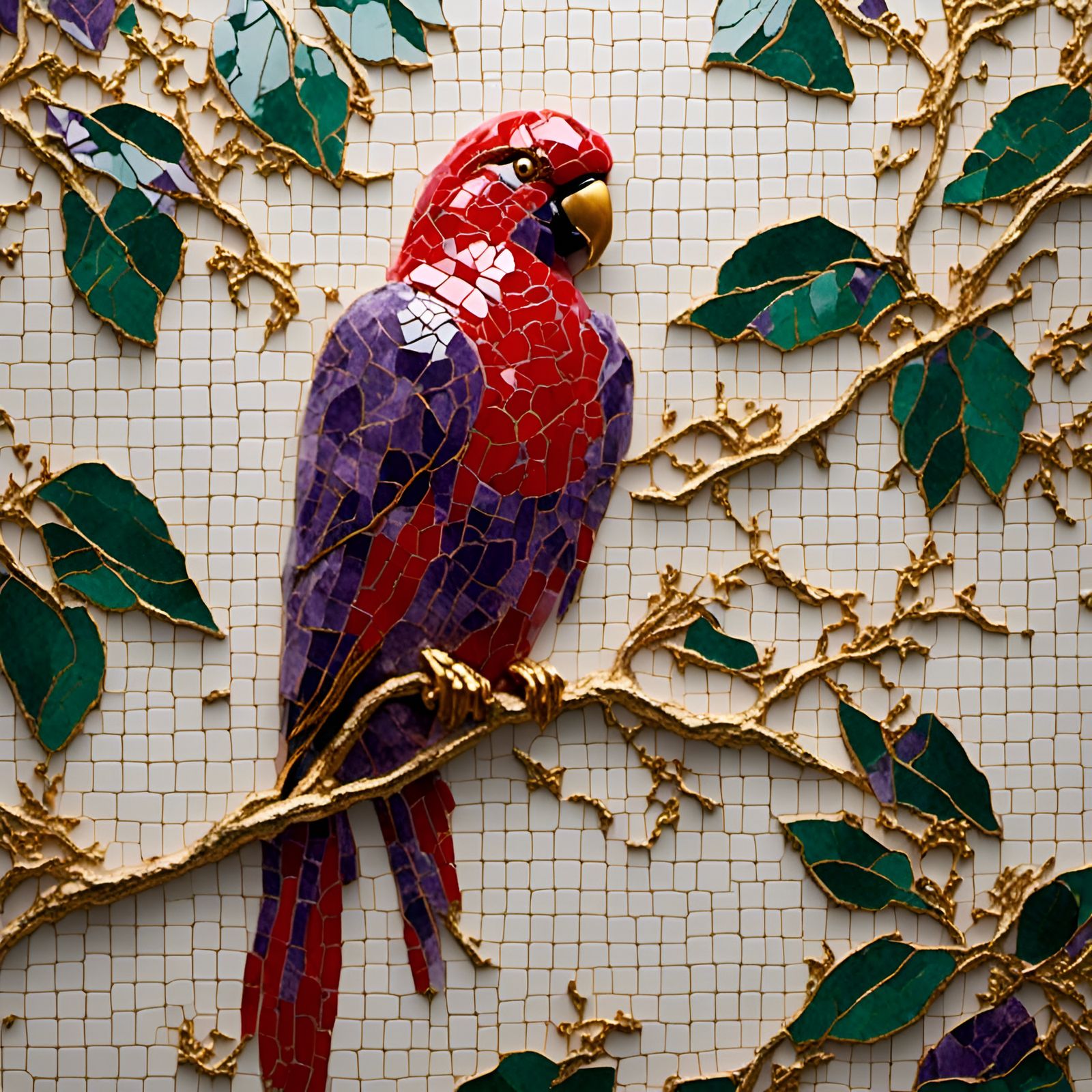 <lora:MarbleMatrix 3:1.0> parrot, tree branch, 3d, polished mosaic, veined marble, gold grout, green, purple, red 