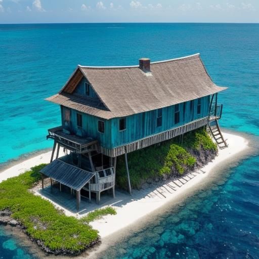 A multi-storey rickety old house on a tiny island in the mid...