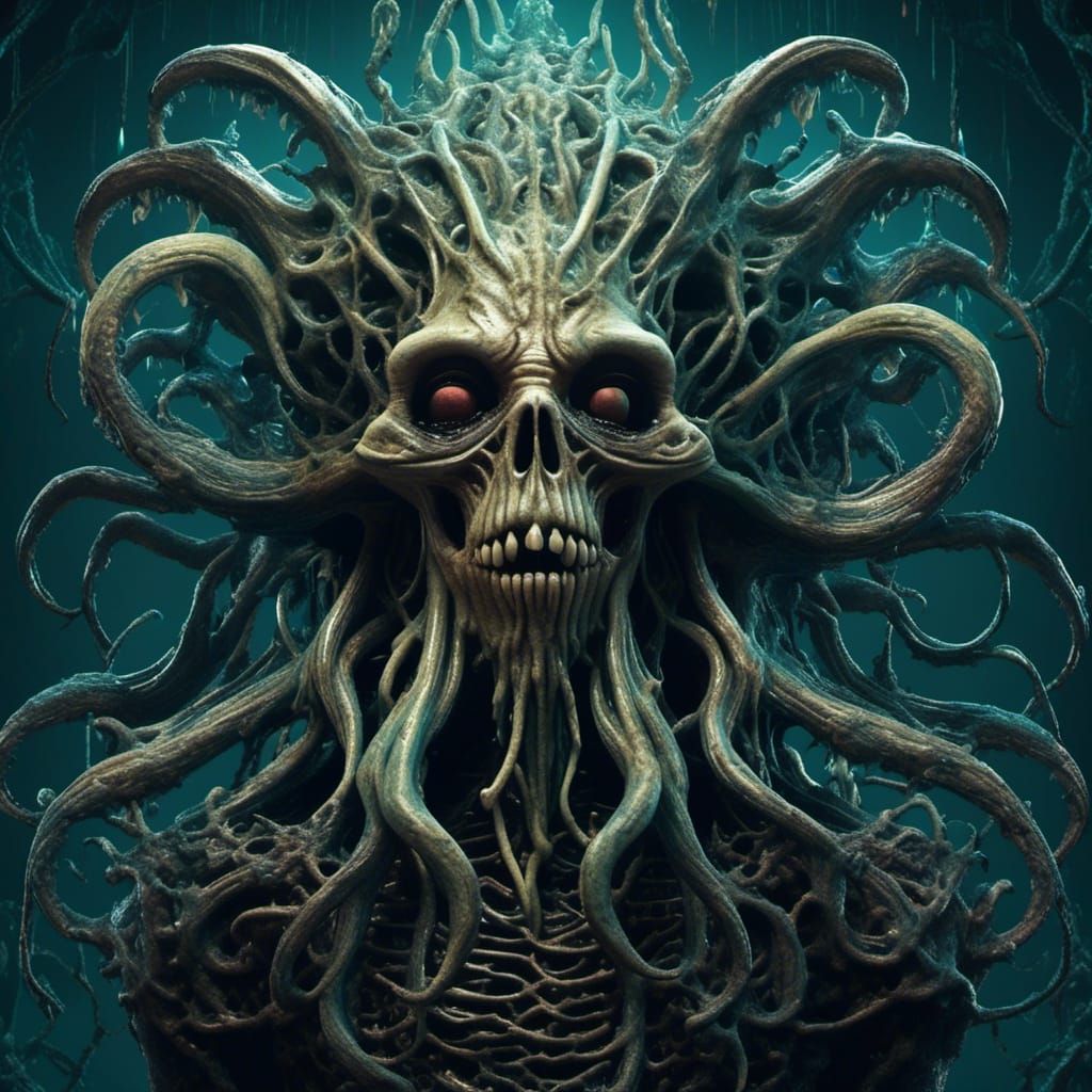<lora:FrightNight:1.0> Terrifying fearful portrait of davy jones, eldritch tentacles swirling Symmetrical, terrifying Unmitigated Horror, me...