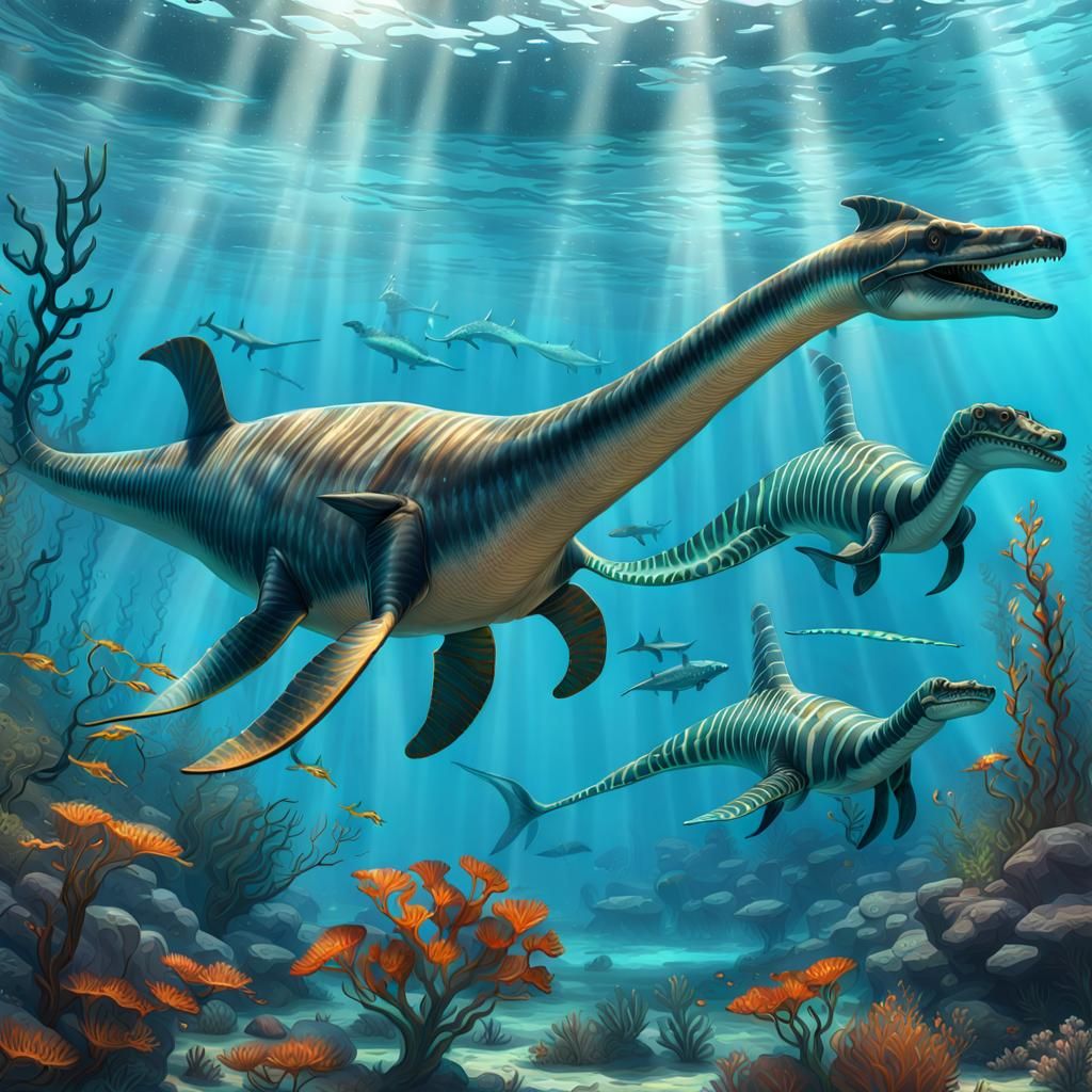 Striped Plesiosaurus and an elasmosaurus. A good start - AI Generated ...