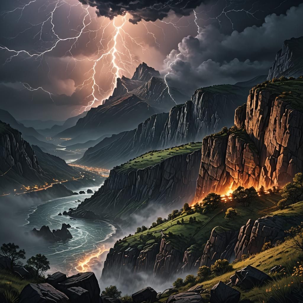 heavy storm over looking a cliff on a mountain range at night  by @Silky