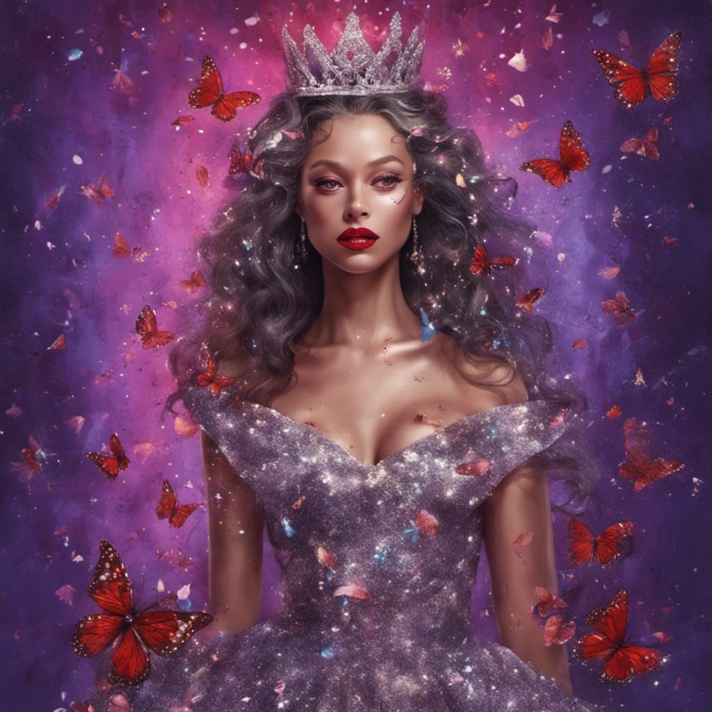 Queen in a heavily glittered dress with a tiara, make-up red...