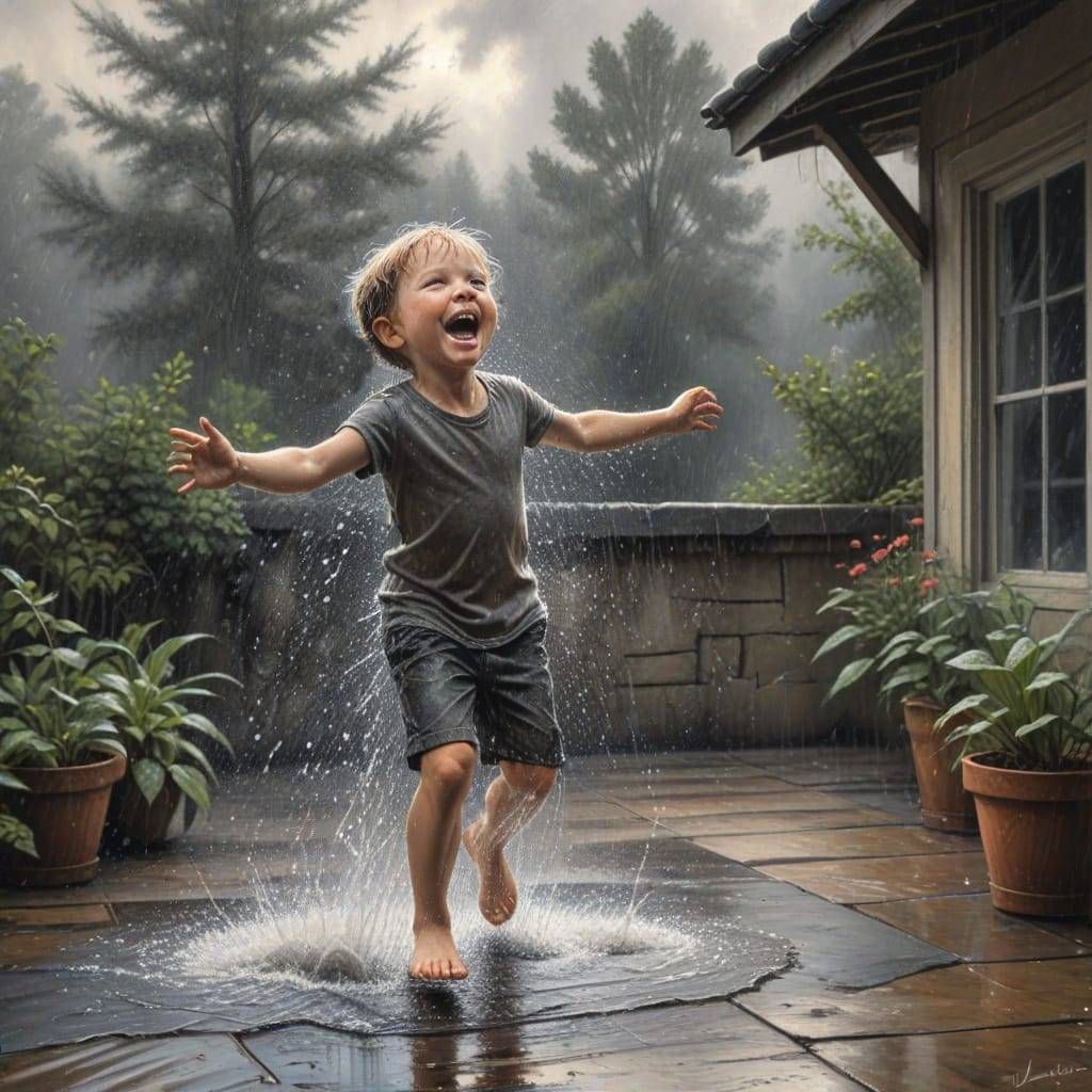 Oh, the joy of puddles! Little boy in the rain.  by @Spring Tide