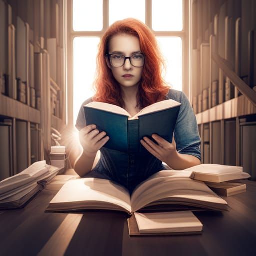 Woman is reading book in the library