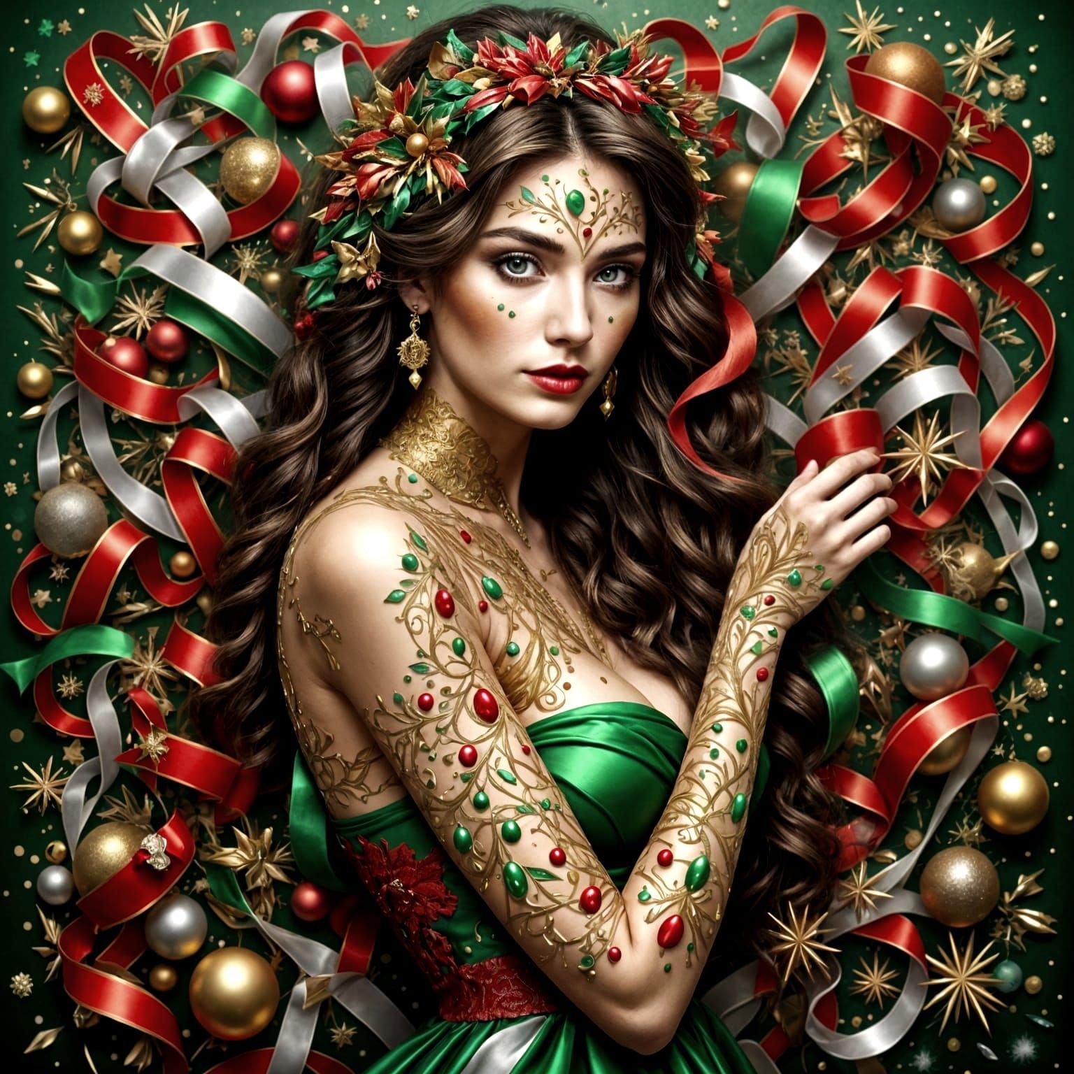 Woman Adorned in Festive Christmas Ribbons