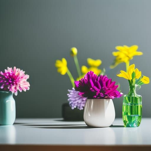 a vase of colorful flowers on the table, backlit, photo, 4k,...