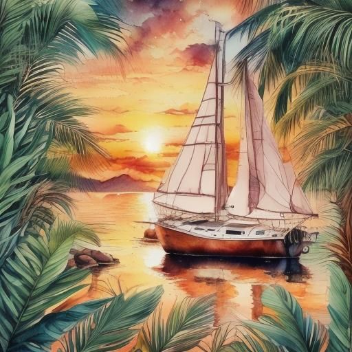 Absolute Reality Lora  <lora:Ink Outline:1.0> beautiful sailboat in a tropical cove with a beautiful bokeh sunset natural colors full screen image stunning alcoho...