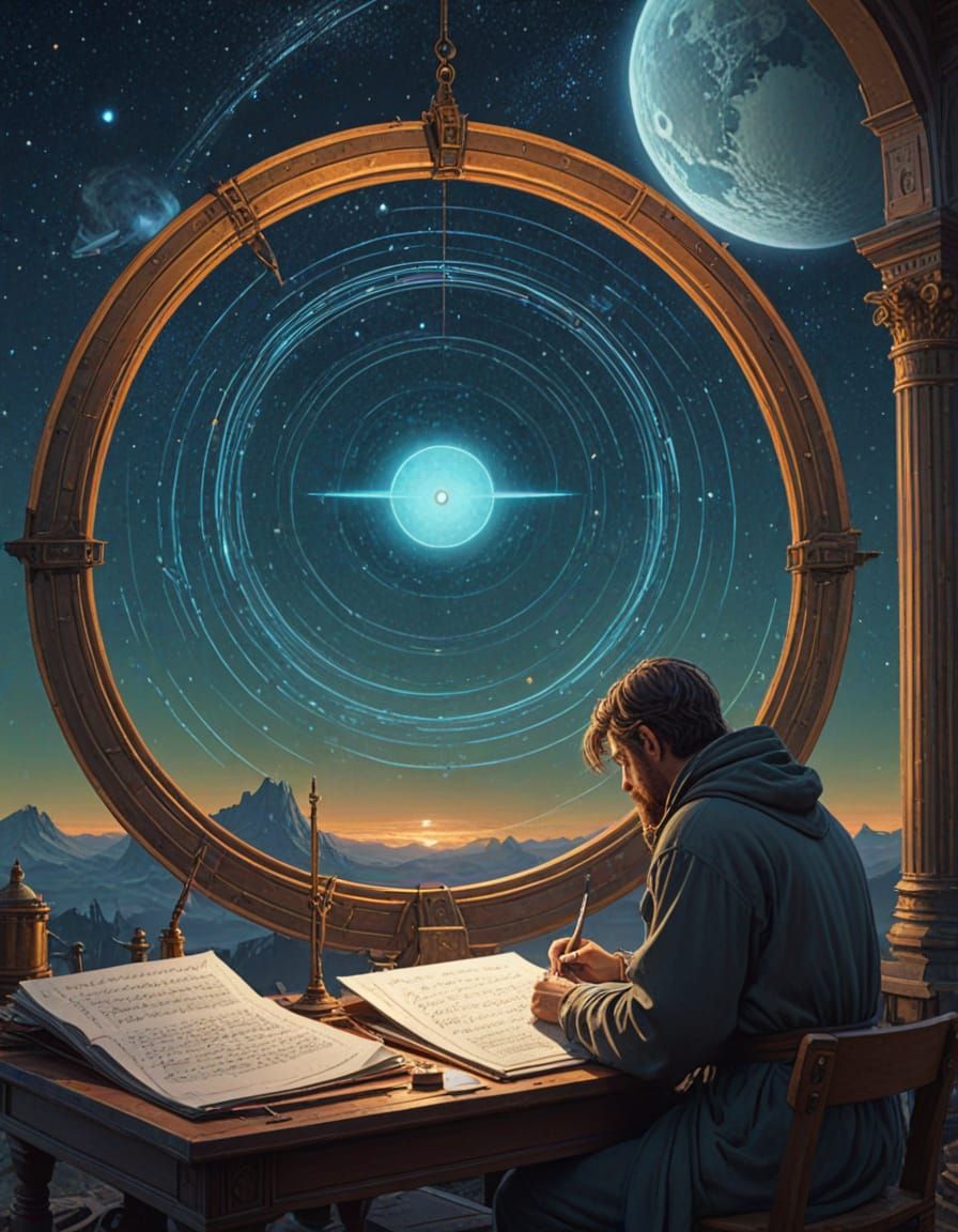 Imagine a celestial calligrapher inscribing prophecies onto the rings of Saturn, using a comet's tail as a brush and stardust as ink. The ca...