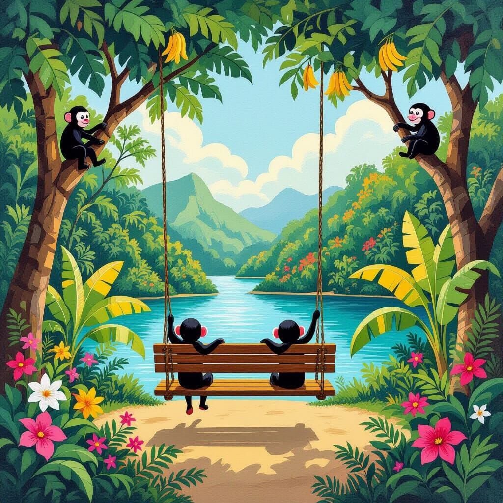 Jungle Swing Bench with Monkeys in Naive Art Style