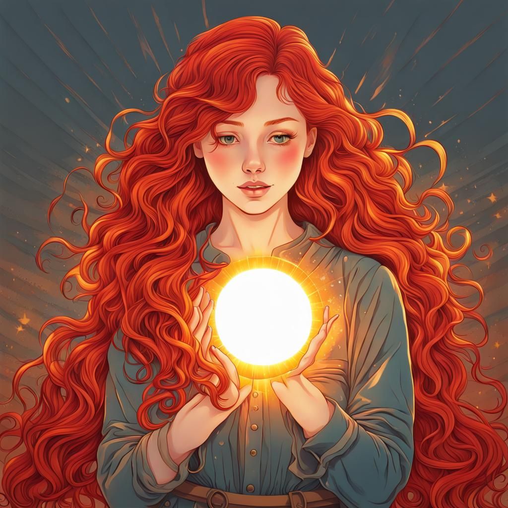A red haired girl holding a shining blazing sun in her hand ...