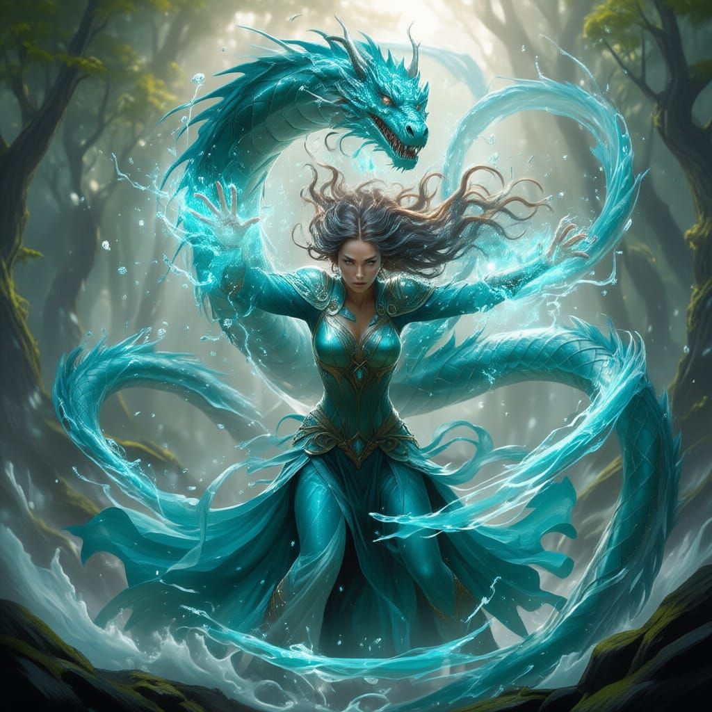 A water elemental enchantress unleashes an assault using a swirling dragon