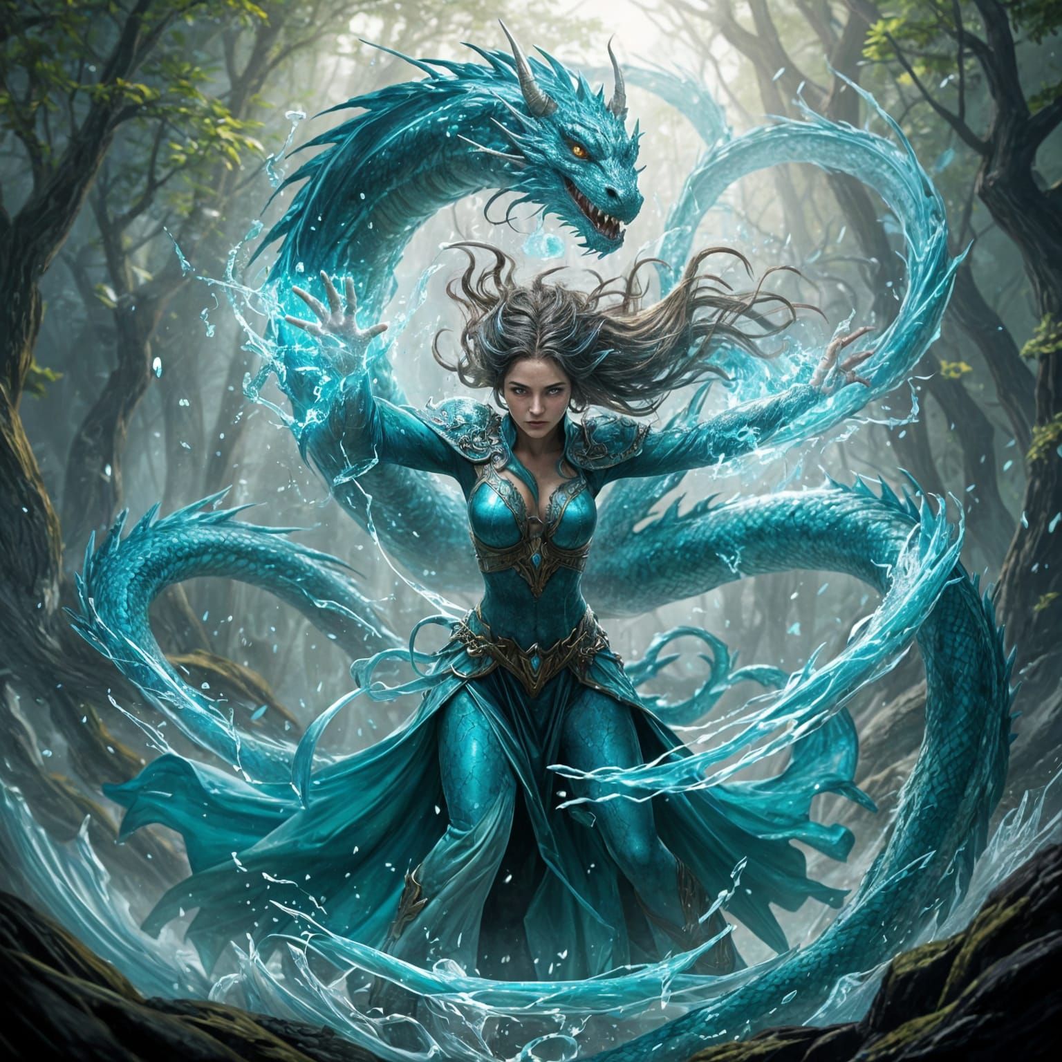 A water elemental enchantress unleashes an assault using a swirling dragon  by @Bojan Kuzmanovic