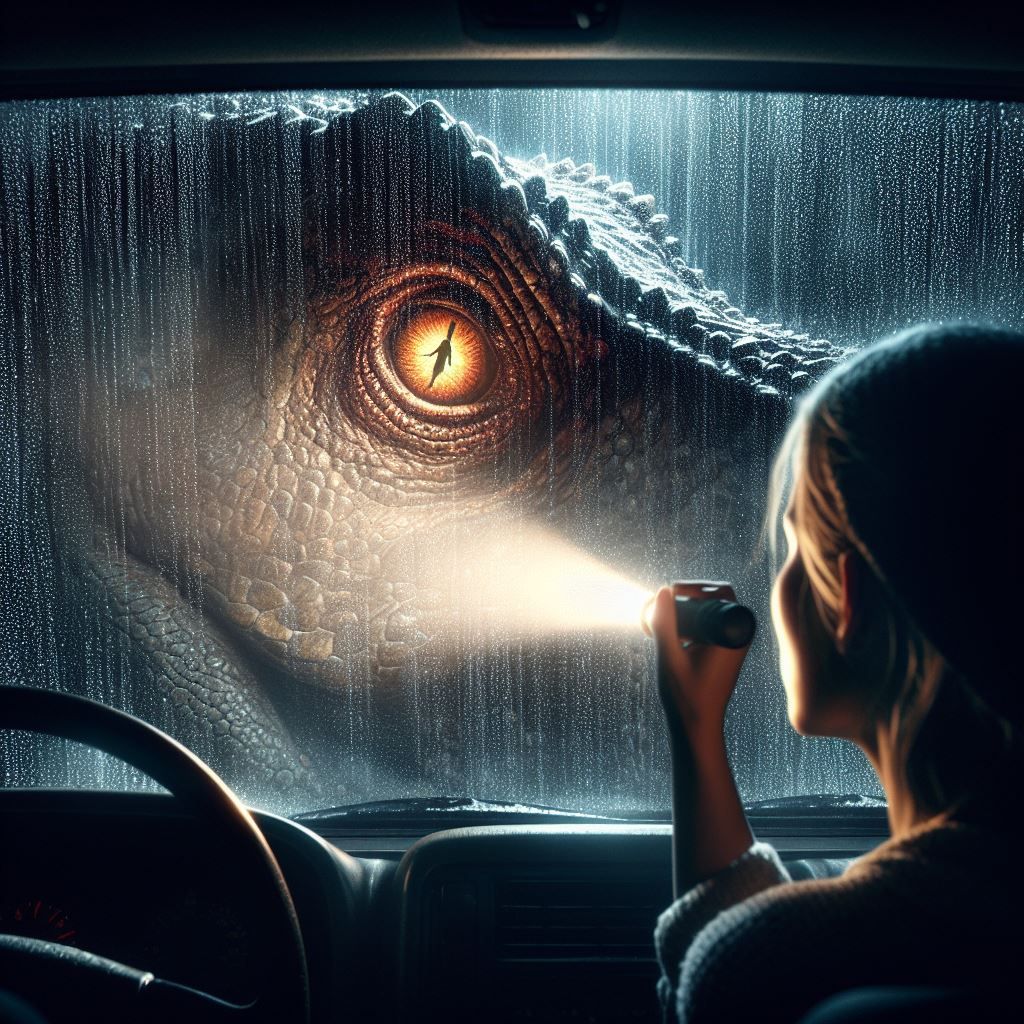 close-up of the eye of a looming Tyrannosaurus Rex