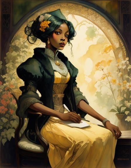 Stunning African woman wearing a green skirt, <lora:Art Nouveau:1.0>, perfectly drawn face, watercolor art, art nouveau, Alphonse Mucha