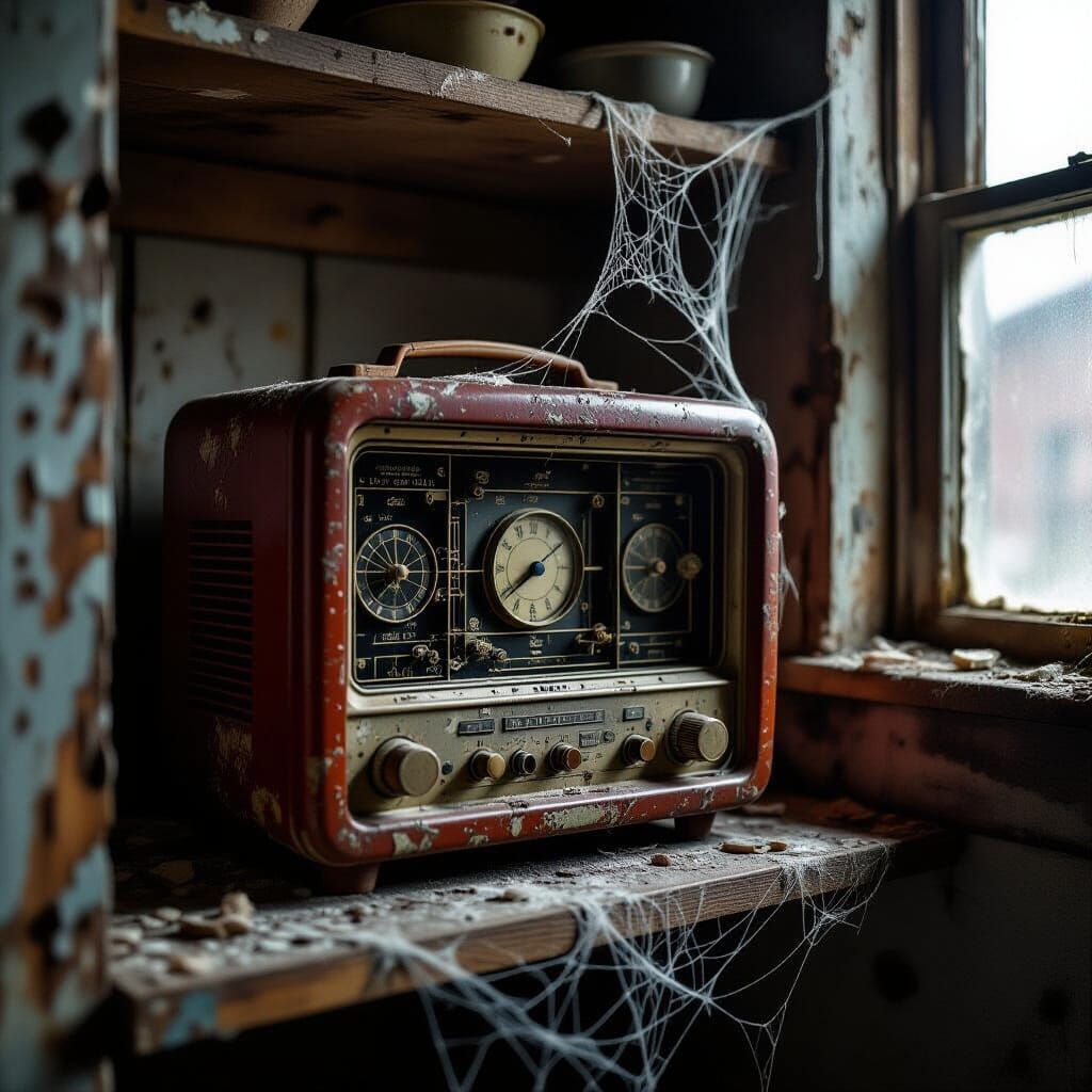 A lone, weathered radio sits on a dusty shelf in a dimly lit, abandoned workshop. Cobwebs hang heavy, and the air is thick with the scent of...