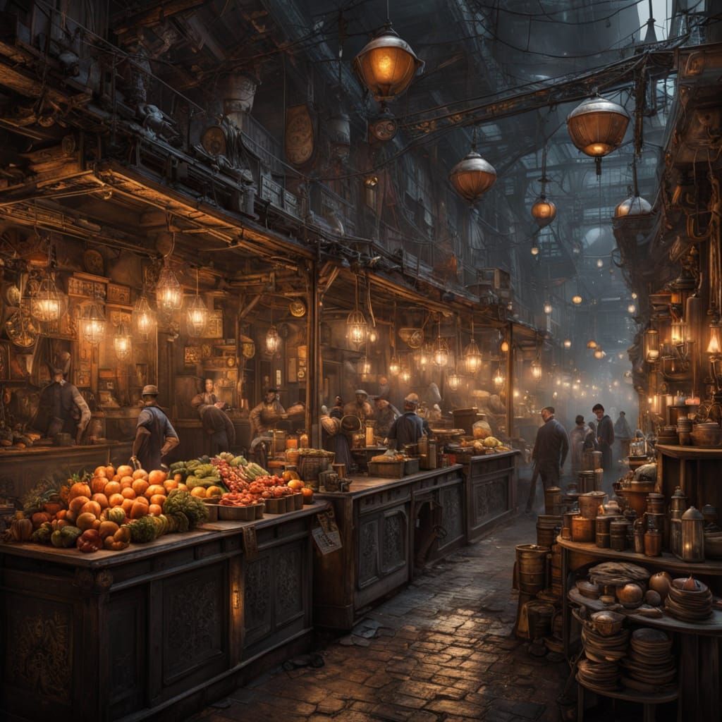 An old world steampunk market at night.    by @WB3