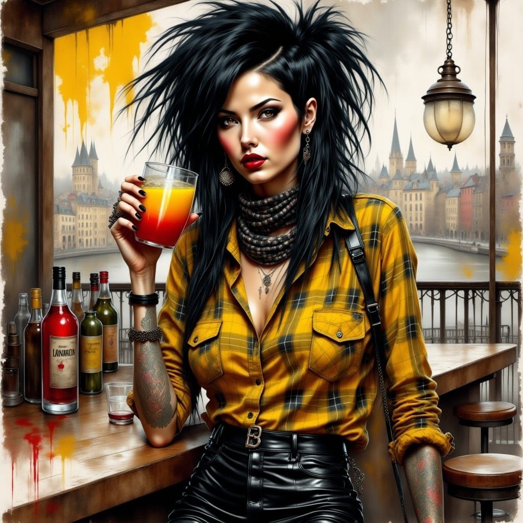 <lora:GrungeFlux:1.0> portrait of a pretty woman, black hair.-messy , yellow plaid shirt , black  latex skirt , scarf,,on the bar terrace dr...