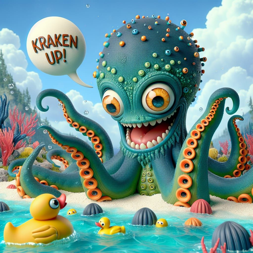 a funny happy kraken underwater in clear blue water, highly detailed ...