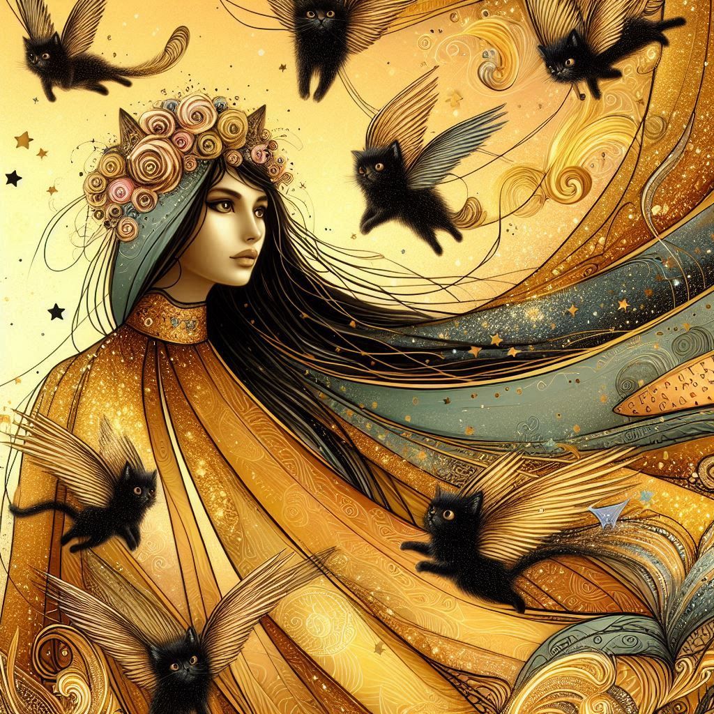 Golden woman. with her cats.