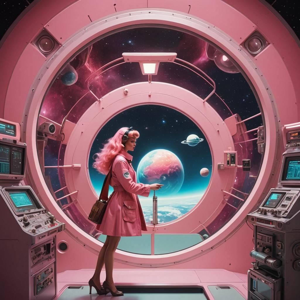 Scene from a Candid surreal 70's Technicolor scifi sitcom, i...