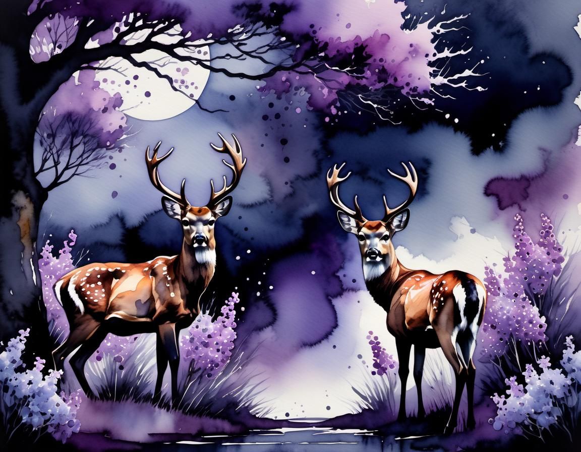 dark, moody, watercolour, ink splash, a pair of deer standin...