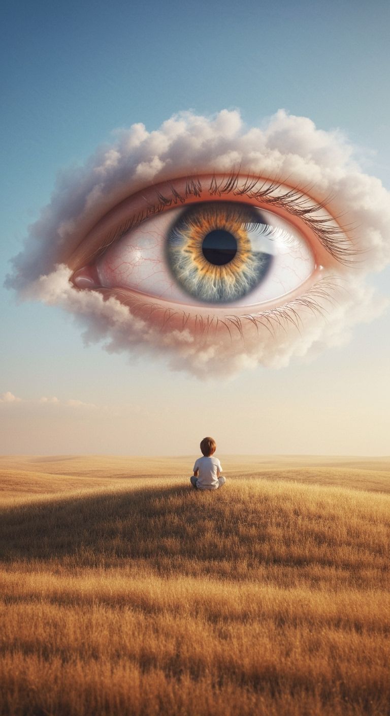 a surreal scene with a boy sitting in a field looking at a giant eye in the sky made of clouds, clear sky with a giant eye made of clouds, T...
