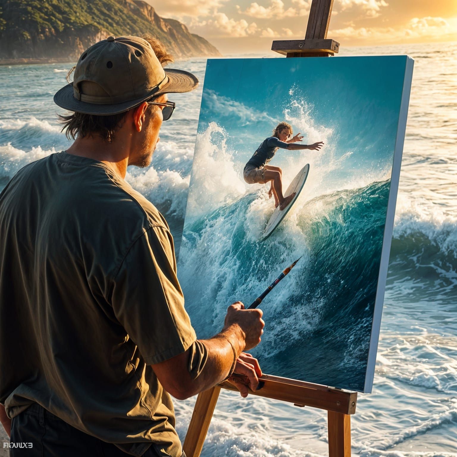 Crie a imagem de um pintor Na Praia fazendo uma Pintura em um painel em seguida cria a imagem na tela ...  by @James Dias
