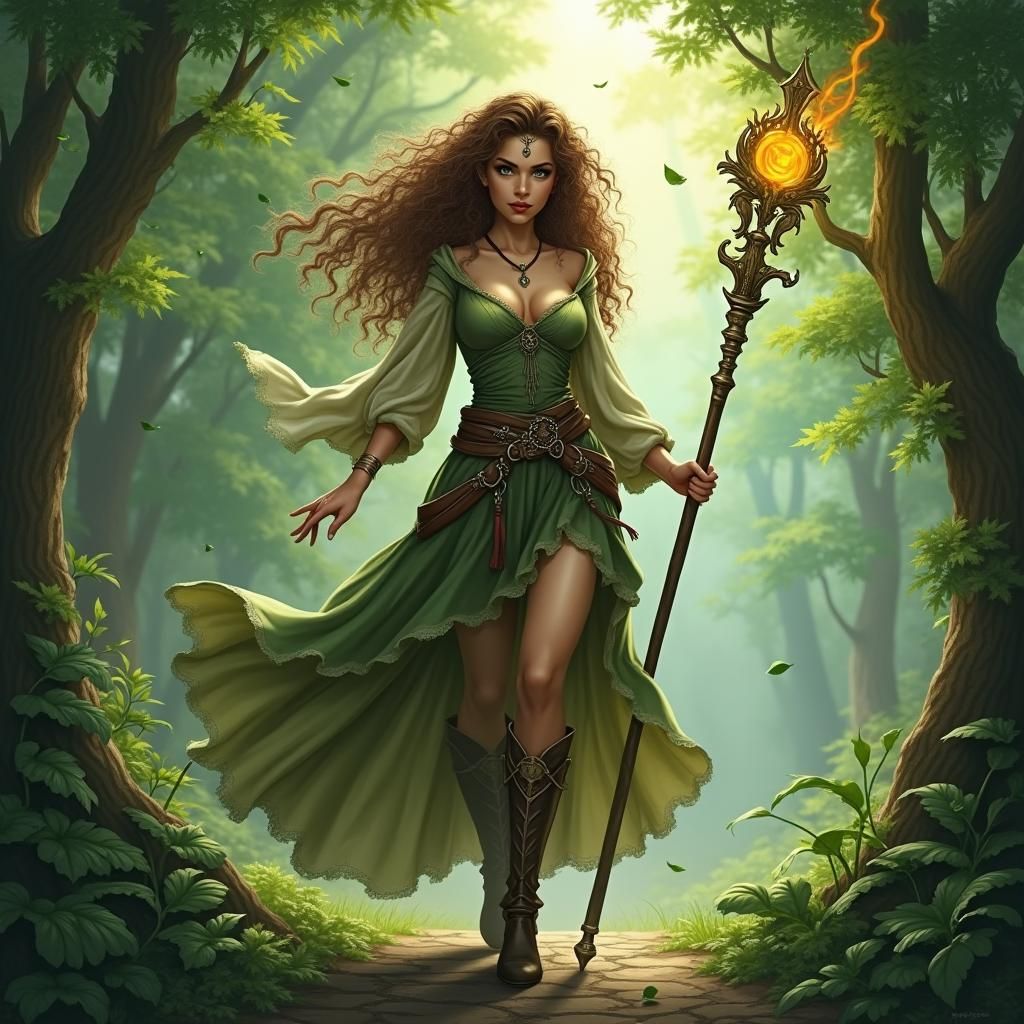 Elementarzauberin, DnD Umgebung, braune wellige Haare, grünbraune Augen, Magierstab, edle Kleidung in Naturtönen, zierliche Lederstiefel, So...
