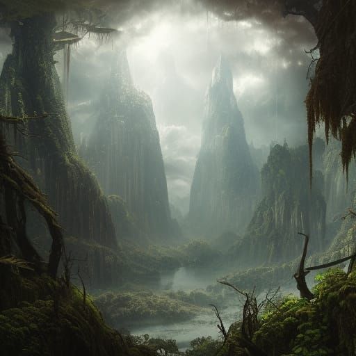 Cinematic fantasy landscape, extremely thick forest, claustrophobic ...