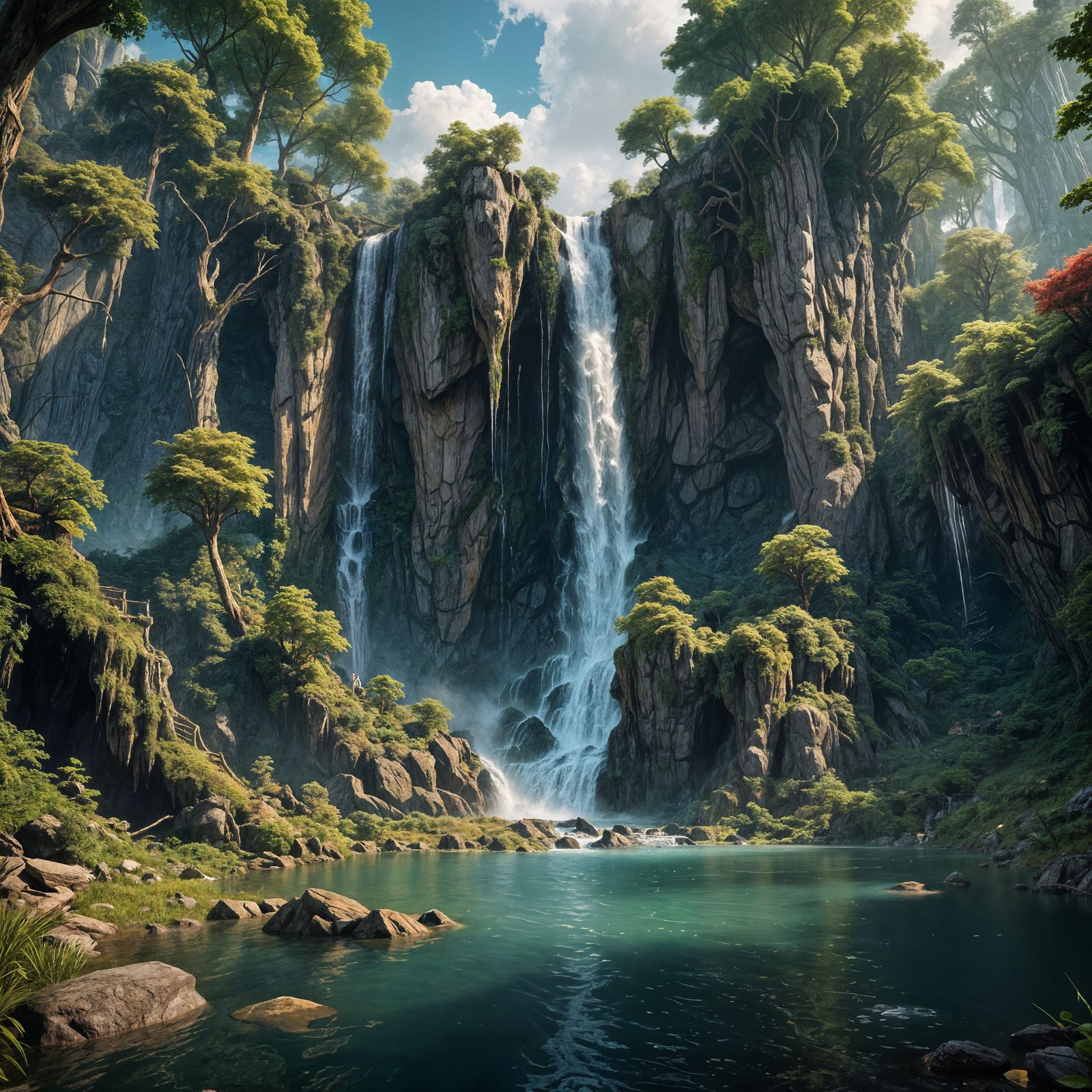 A very high waterfall flows into a lake in a fairy`s forest  by @Alvija