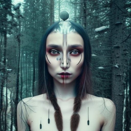 Androgynous Native American, snowy forest Jovana Rikalo, Keiichi Tanaami, Mark Ryden, desaturated, intricate complexity,...