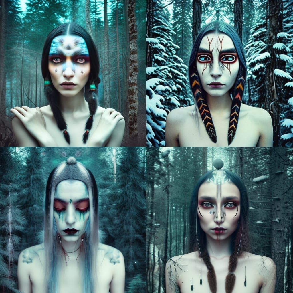 Androgynous Native American, snowy forest Jovana Rikalo, Kei...