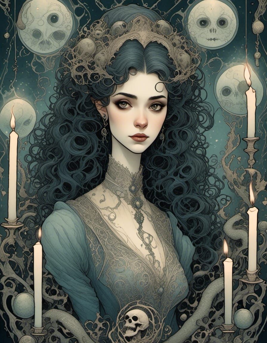 Lovecraftian portrait of a beautiful woman, victorian, occultism, alchemy. <lora:Venus in Polyester:1.0> Ink illustration style with intric...
