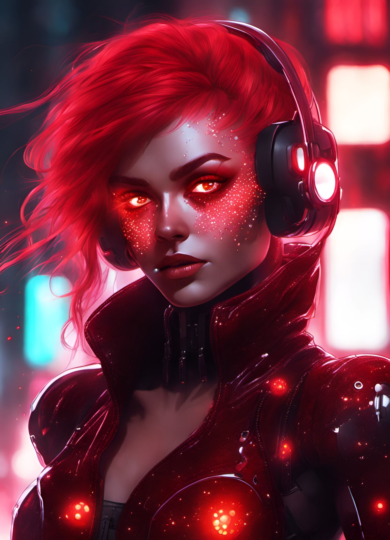 A glittering red fairyHer eyes emit a red light cyberpunk biopunk cel ...