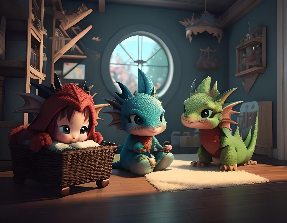 3D Storybook Illustration style, a cute baby dragon day nurs...