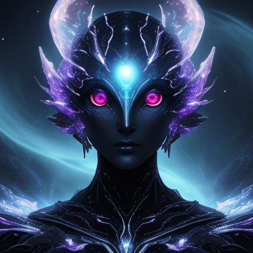 Surreal Alien with Glowing Eyes and Cosmic Nebula Background