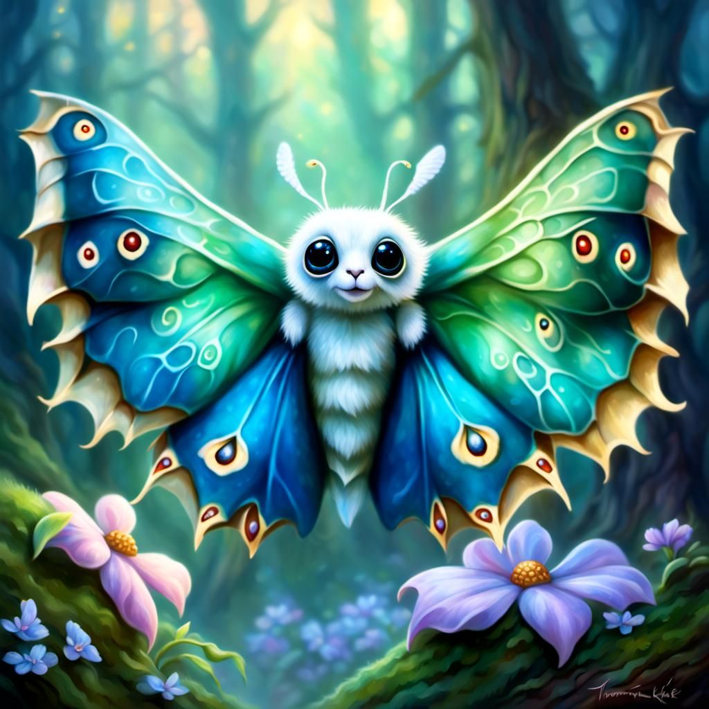 Cute silk moth dragon, adorable eyes, happy, with silk moth wings - AI ...