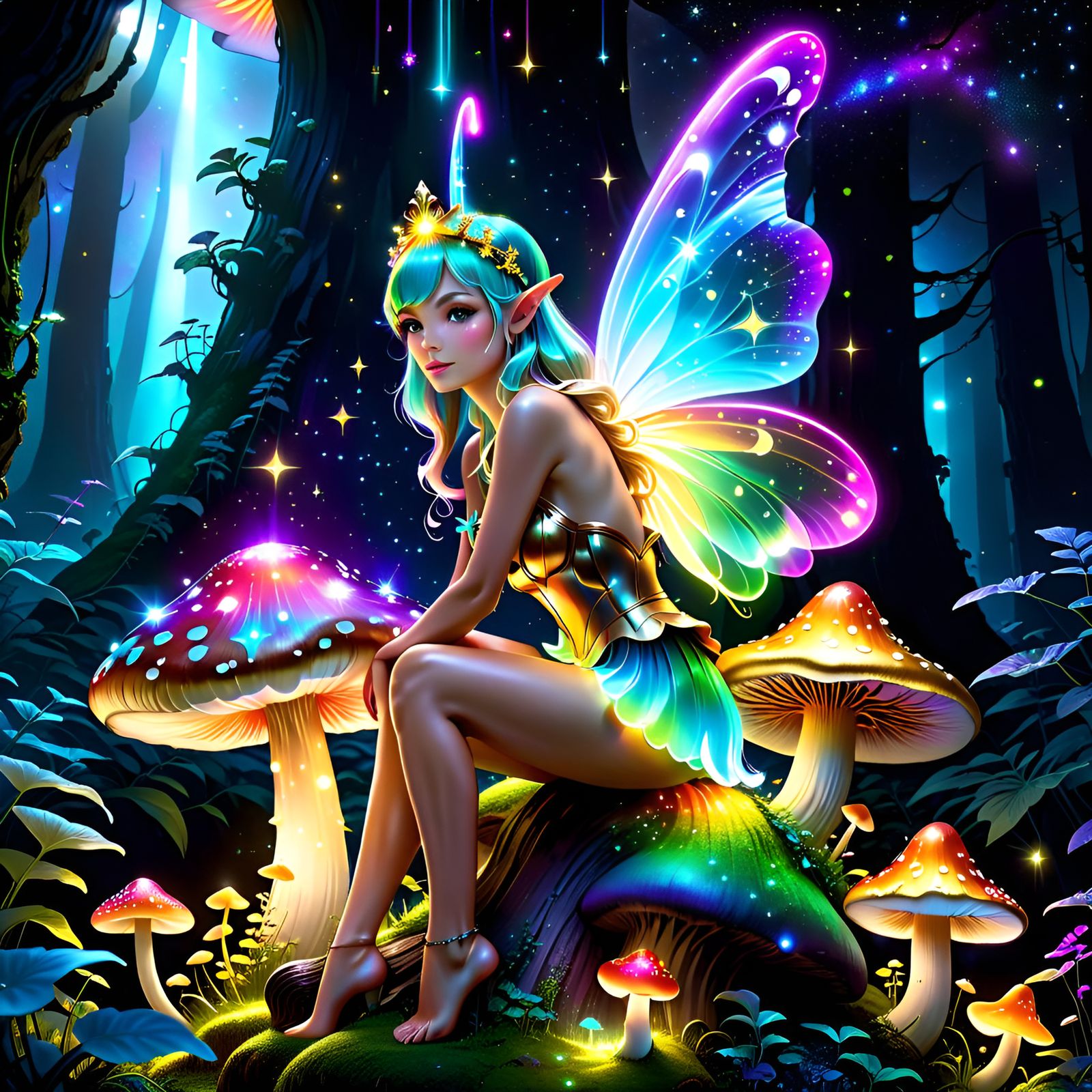 Beautiful perfect bioluminescent rainbow glowing Fairy made as constellations and galaxies sitting on ...  by @Sierra Townsend