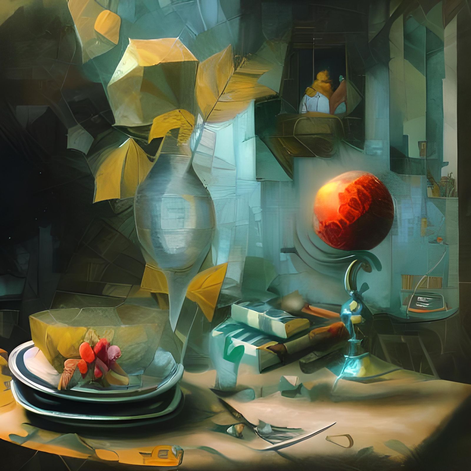 Sur une table de travail d'un alchimiste.Dans un grand vase ...