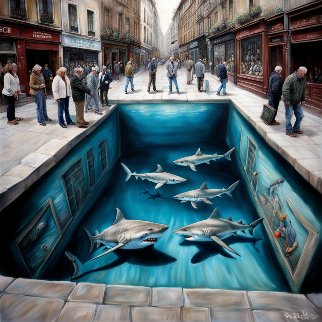Illusion street draw sharks  inside a pool in the street Dra...