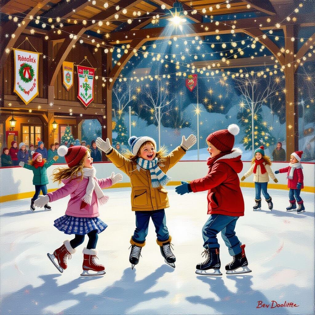 Create a real scene for me of children skating in the ice rink with pleasure.
