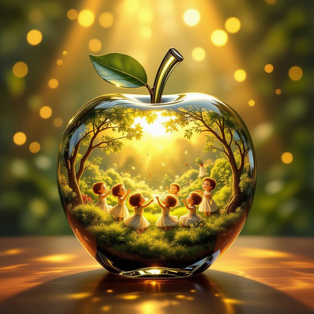 Miniature World Inside Crystal Apple, Fantastical Digital Ar...