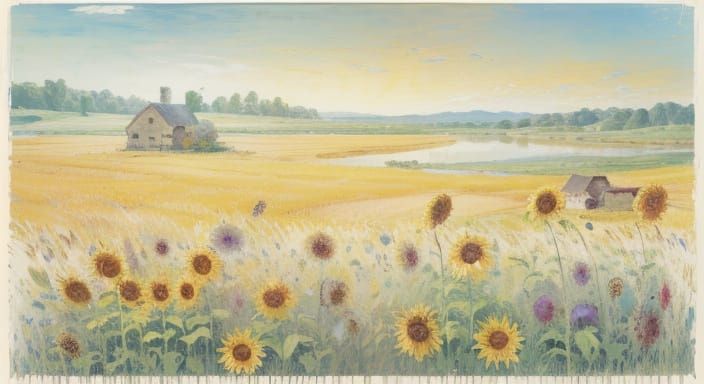 Impressionistic Summer Cottage Landscape with Sunflowers and...