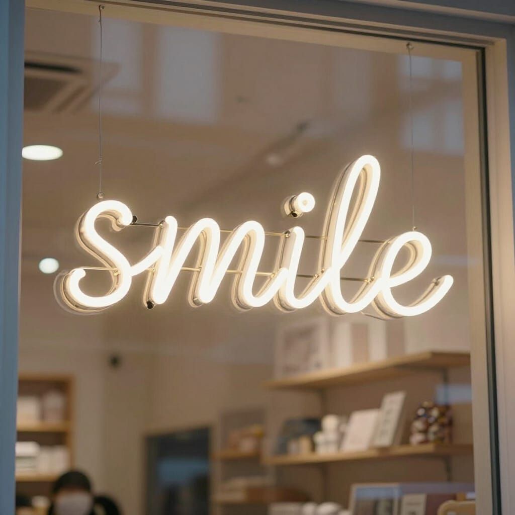 Neon Smile Sign Floating in Air Outside Store