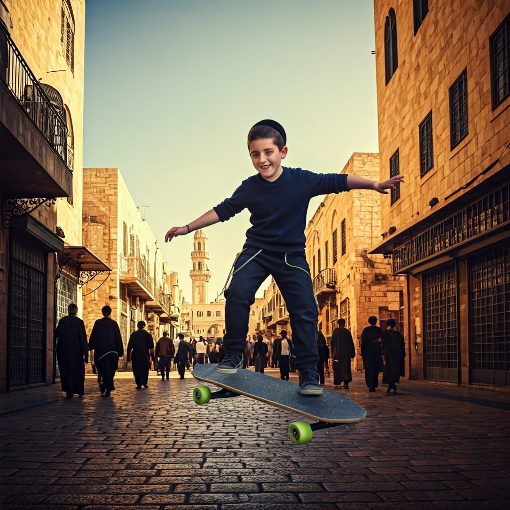 Joyful Haredi Boy Skateboarder in Golden Cityscape
